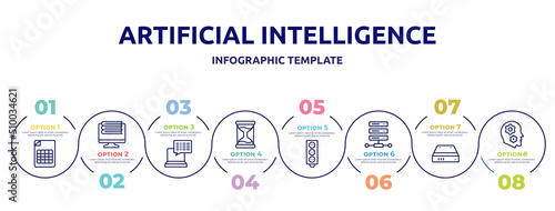 artificial intelligence concept infographic design template. included null, online library, subtitles, sand timer, circuit board, web hosting, hard drive, thought icons and 8 option or steps.