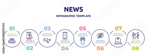 news concept infographic design template. included tape player, swipe, testimony, dial pad, press conference, hide, survival kit, interviewer icons and 8 option or steps.