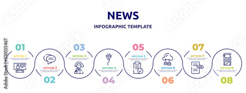 news concept infographic design template. included online interview, bubble chat, reporter, cord, approval, cloud service, attached file, audio recorder icons and 8 option or steps.