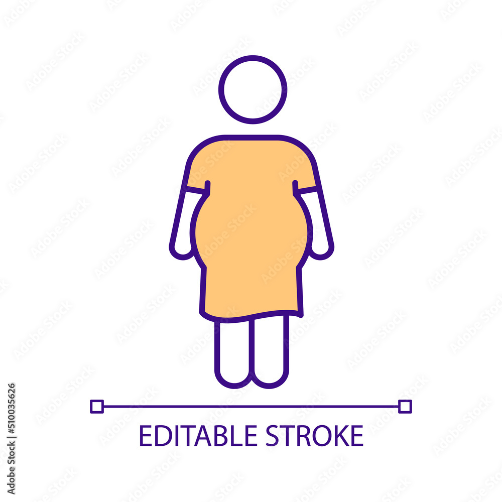 Woman with excess weight RGB color icon. Body composition. Weight-related health problems. Body positivity. Isolated vector illustration. Simple filled line drawing. Editable stroke. Arial font used Woman with excess weight RGB color icon. Body composition. Weight-related health problems. Body positivity. Isolated vector illustration. Simple filled line drawing. Editable stroke. Arial font used