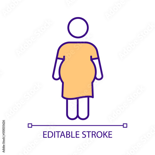 Woman with excess weight RGB color icon. Body composition. Weight-related health problems. Body positivity. Isolated vector illustration. Simple filled line drawing. Editable stroke. Arial font used