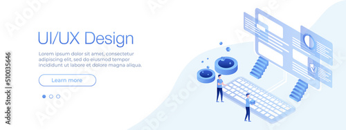 UI/UX design concept. Banner vector isometric illustration, ui concept for your website. People interacting with computer monitor. Vector illustration EPS 10