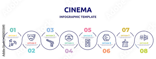 cinema concept infographic design template. included studio, tragedy, hitman, hd movie, video clip, movie player, dressing room, sound effect icons and 8 option or steps.