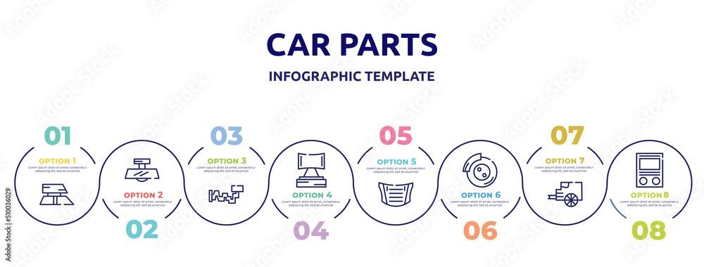 car parts concept infographic design template. included car roof, car rear-view mirror, crankshaft, headrest, bonnet, disc brake, tailpipe, fascia (british) icons and 8 option or steps. car parts concept infographic design template. included car roof, car rear-view mirror, crankshaft, headrest, bonnet, disc brake, tailpipe, fascia (british) icons and 8 option or steps.