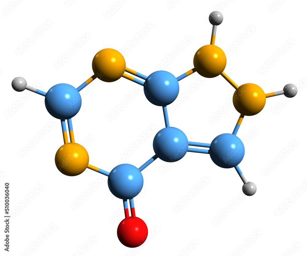 3D image of Allopurinol skeletal formula - molecular chemical structure of hyperuricemia medication isolated on white background 3D image of Allopurinol skeletal formula - molecular chemical structure of hyperuricemia medication isolated on white background