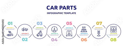 car parts concept infographic design template. included car seat belt or safety belt, car soft top, luggage rack, fuel gauge, hood, distributor cap, piston, ammeter icons and 8 option or steps.