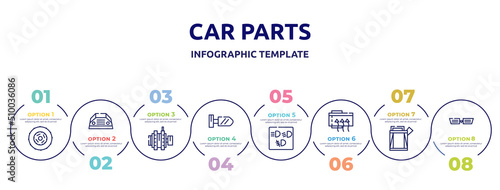 car parts concept infographic design template. included car clutch, car parcel shelf, alternator, wing mirror, dashboard, demister, petrol tank, grille or radiator grille icons and 8 option or photo