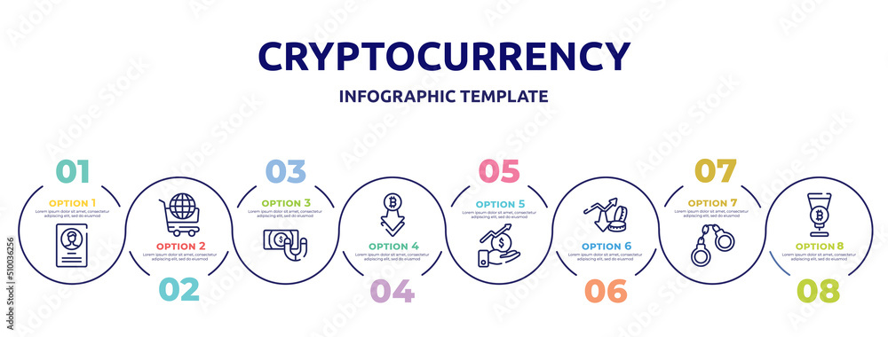 cryptocurrency concept infographic design template. included accounts, world wide shopping, retention, decline, stock market, profit growth, handcuffs, passion icons and 8 option or steps.