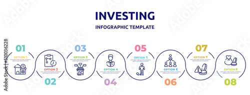 investing concept infographic design template. included reit, real time strategy, product range, shop assistant, prisoner, organization chart, alerts, capital icons and 8 option or steps.