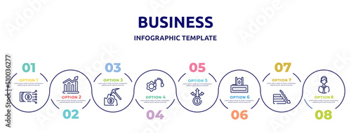 business concept infographic design template. included digital money, demand, pick, technical support, diversify, judge chair, fallen, telemarketer icons and 8 option or steps.
