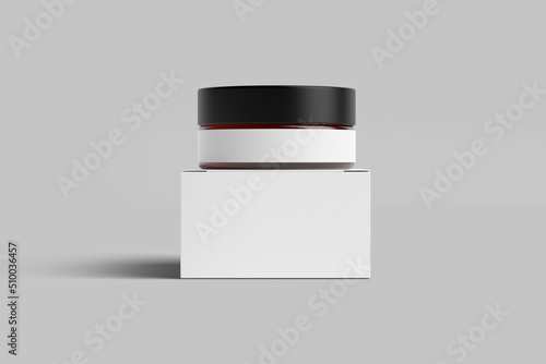 Blank glass cosmetic jar mockup with box packaging isolated on white background. 3d rendering. mask, serum, balsam or cream container with empty label.  photo