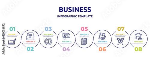business concept infographic design template. included cryptographic, files and folders, dollar coin, authorization, explanation, money transfer, spreading, wholesaler icons and 8 option or steps.