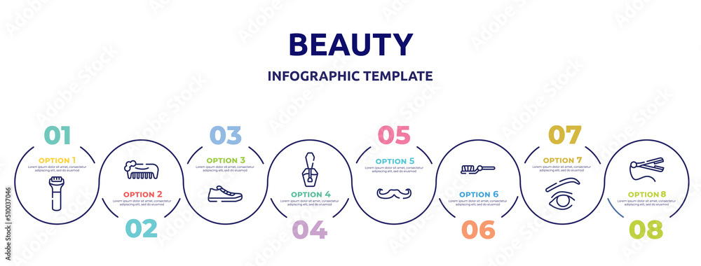 beauty concept infographic design template. included hair shaver, hand comb, pair of sneakers, nail paint, long hipster moustache, teeth brush, eye with lines, straightener icons and 8 option or