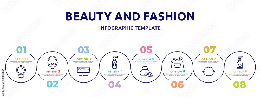 beauty and fashion concept infographic design template. included mirror reflection, face with stubble, solarium, soap for hands, hand cream, cosmetic case, big lips, hand soap icons and 8 option or beauty and fashion concept infographic design template. included mirror reflection, face with stubble, solarium, soap for hands, hand cream, cosmetic case, big lips, hand soap icons and 8 option or