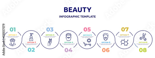beauty concept infographic design template. included meditation, soap dispenser, manicure, man with moustache and bear, sun and deck chair, man with goatbeard, molecular, children scissors icons and
