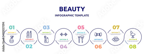 beauty concept infographic design template. included hair spray bottle, tooth paste and brush, null, weightlift, make up brush, wedding bow tie, women lipstick, comfortable chair icons and 8 option