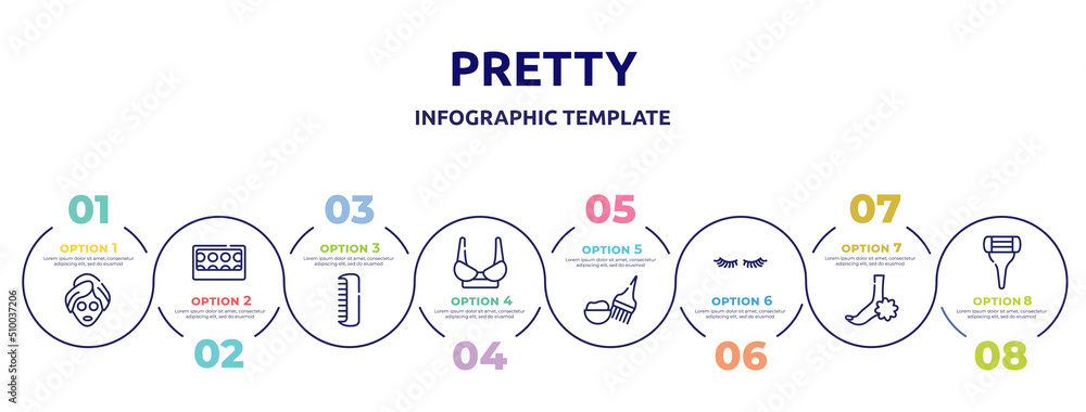 Obraz premium pretty concept infographic design template. included beauty face mask, eye shadow pallette, men comb, women brassiere, hair dye kit, two eyelashes, pedicure, women razor icons and 8 option or steps.