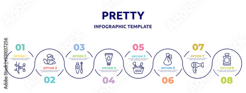 pretty concept infographic design template. included hair cut, three stones, eyes mascara, anti aging cream, little makeup box, french perfume, hairdryer facing left, french perfume bottle icons and