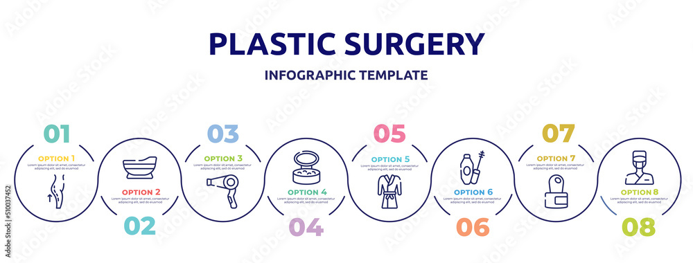 plastic surgery concept infographic design template. included lifting, bathtube, hairdryer, powder, robe, mascara, cuticle, surgeon icons and 8 option or steps.