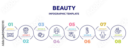 beauty concept infographic design template. included wet wipes, sleeping mask, lemon slice, mastopexy, faucet, nail clippers, gluteus, skin care icons and 8 option or steps.