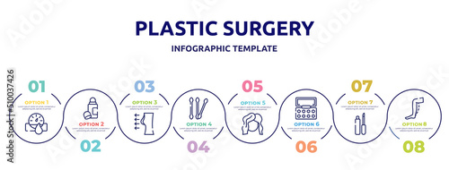 plastic surgery concept infographic design template. included hydrometer, deodorant, breast enlargement, cotton swab, hairdresser, eyeshadow, lip matt, calf icons and 8 option or steps.