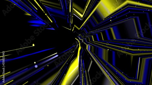 Blue and yellow rays of light on the background of the starry sky. Distorted, change their shape. Flashes pass through them. Endless cycle. The loop.