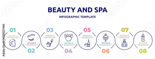 beauty and spa concept infographic design template. included implant, eyelash, nail color, hipster, dye, hairdresser chair, cologne, nail icons and 8 option or steps.