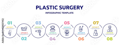 plastic surgery concept infographic design template. included lifting, bathtube, hairdryer, powder, robe, mascara, cuticle, surgeon icons and 8 option or steps.