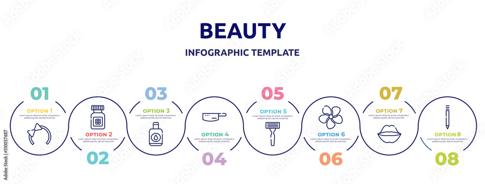 beauty concept infographic design template. included hair tie, proteins, nail polish remover, kitchen pack, shaving razor, jasmine, kiss, eyebrow pencil icons and 8 option or steps.