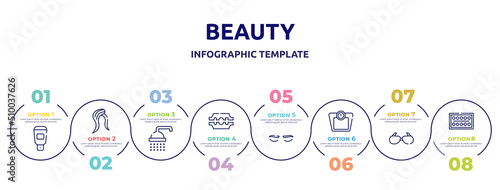 beauty concept infographic design template. included hair softener, hair style, bathing, razorblade, lashes, weighing scale, sun glasses, paints icons and 8 option or steps.