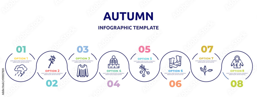 autumn concept infographic design template. included storm, tree branch, sweater, winter hat, rowan, rubber roots, rosa canina, raincoat icons and 8 option or steps. autumn concept infographic design template. included storm, tree branch, sweater, winter hat, rowan, rubber roots, rosa canina, raincoat icons and 8 option or steps.