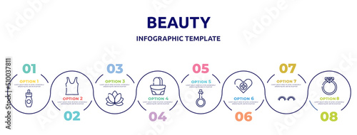 beauty concept infographic design template. included remover, tank top, lily, hand bag, potions, health care, grace, diamond ring icons and 8 option or steps.