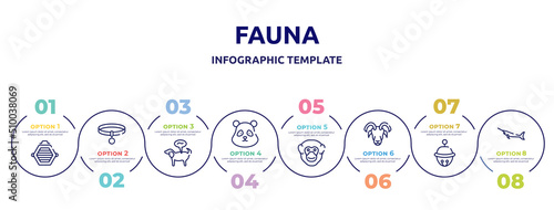 fauna concept infographic design template. included cat box, collar, pet disease, panda bear head, chimpanzee head, male sheep head, sleighbell, big swordfish icons and 8 option or steps.