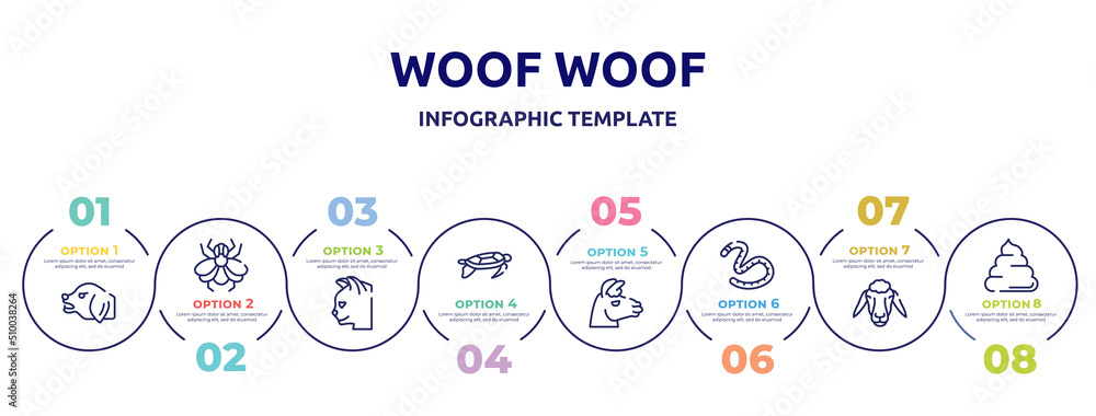woof woof concept infographic design template. included angry dog, big fly, cat head, swimming turtle, lama head, earth worm, sheep head, pile of dung icons and 8 option or steps. woof woof concept infographic design template. included angry dog, big fly, cat head, swimming turtle, lama head, earth worm, sheep head, pile of dung icons and 8 option or steps.