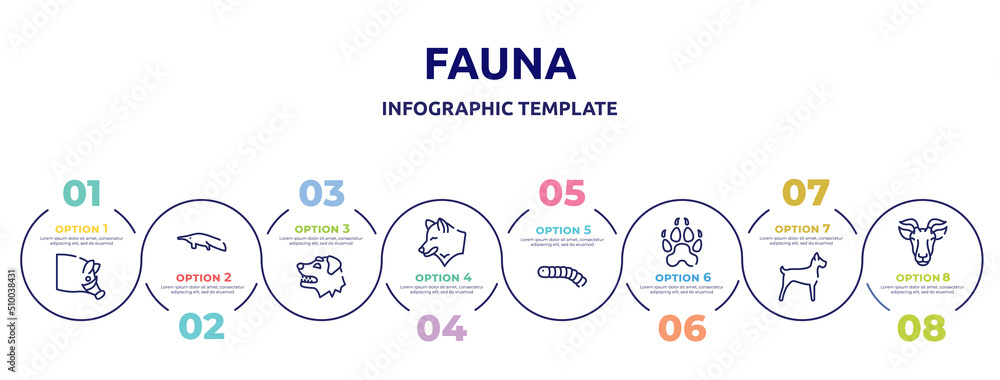 fauna concept infographic design template. included hog head, sitting anteater, border collie dog head, wolf head, silkworm, canine pawprint, big dog, goat icons and 8 option or steps. fauna concept infographic design template. included hog head, sitting anteater, border collie dog head, wolf head, silkworm, canine pawprint, big dog, goat icons and 8 option or steps.