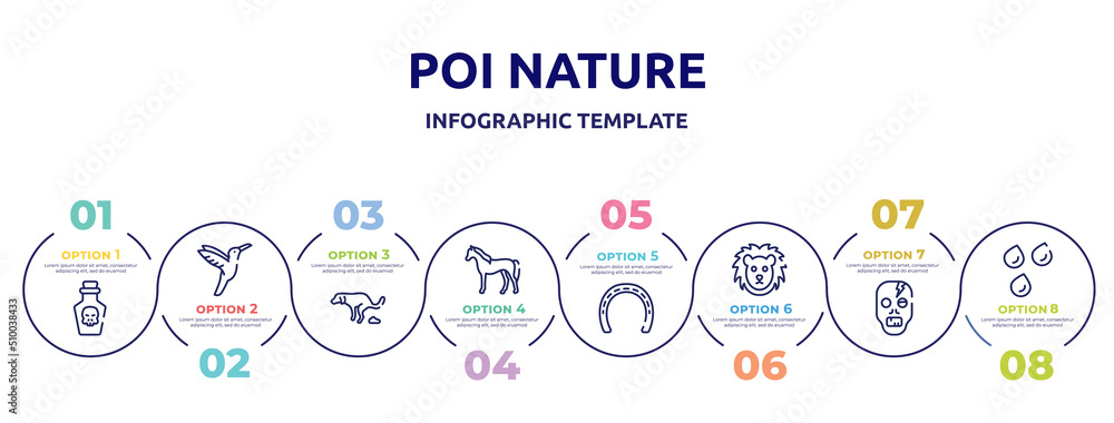 poi nature concept infographic design template. included poison, hummingbird, dog shitting, horse standing, null, lion face, zombie, raindrops icons and 8 option or steps.