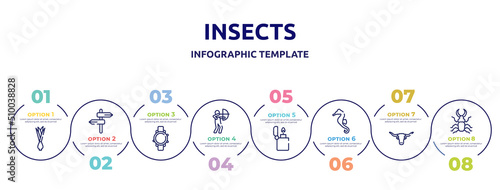 insects concept infographic design template. included onion, road, diving watch, hunter, lighter, seahorse, bull, stag beetle icons and 8 option or steps.