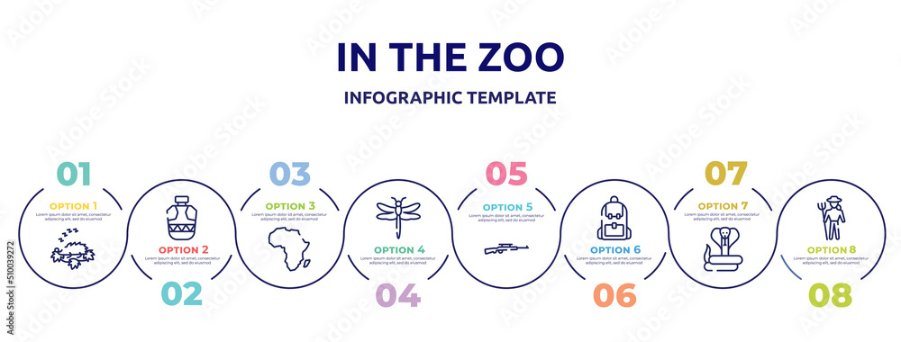in the zoo concept infographic design template. included hibernation, canteen, africa, dragonfly, rifle, backpack, cobra, zoo keeper icons and 8 option or steps.