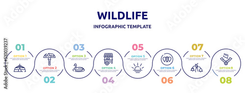 wildlife concept infographic design template. included jaima tent, amanita, swan, food stand, sun, branches, harebell, trap icons and 8 option or steps.