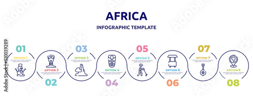 africa concept infographic design template. included snowman, african, pico cao, african mask, gardener, food cart, banjo, location pin icons and 8 option or steps.