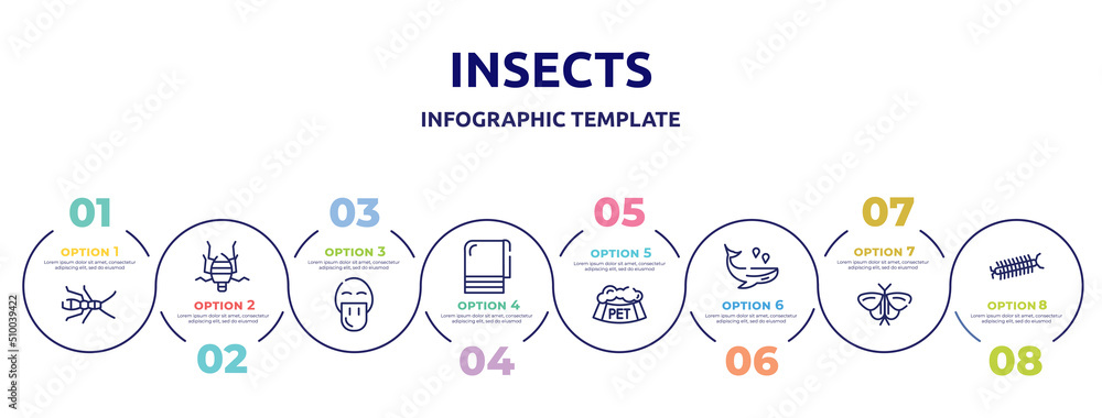 insects concept infographic design template. included earwig, bedbug, platypus, towel, pet bowl, whale, moth, centipede icons and 8 option or steps.