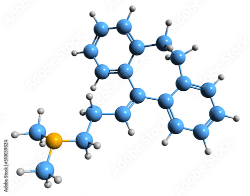  3D image of Amitriptyline skeletal formula - molecular chemical structure of  tricyclic antidepressant isolated on white background
 photo