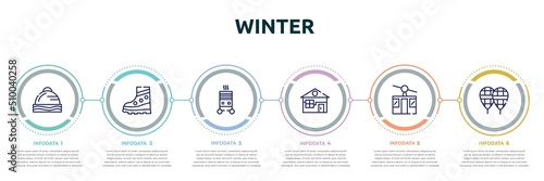 winter concept infographic design template. included winter cap, snow boot, electric heater, winter cabin, ski lift, snowshoes icons and 6 option or steps.