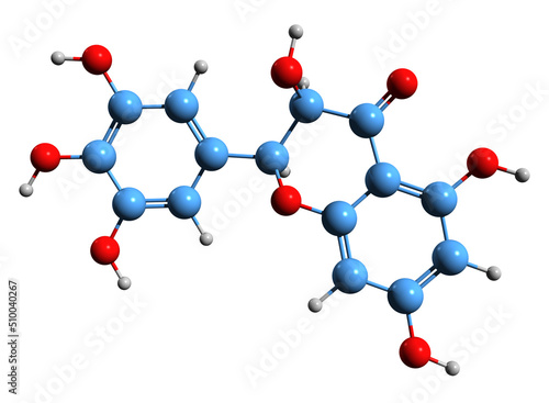  3D image of Ampelopsin skeletal formula - molecular chemical structure of dihydromyricetin isolated on white background