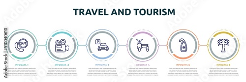 travel and tourism concept infographic design template. included hotel phone, camera recorder, parking hotel, sidecar, hang, coconut trees icons and 6 option or steps.