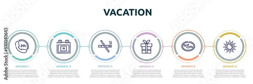 vacation concept infographic design template. included 24 hours phone attention service, calendar day 15, smoking prohibition, birthday gift, nursing room, spring sun icons and 6 option or steps.