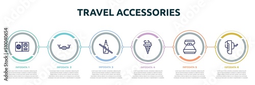 travel accessories concept infographic design template. included open passport, unmanned, no drink, icecream cone, king size, breathalyzer icons and 6 option or steps.