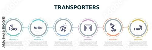 transporters concept infographic design template. included pickup truck side view, submarine side view, flying rocket, carwash hine, aerial lift, truck cabin side view icons and 6 option or steps.