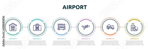 airport concept infographic design template. included bus depot, drone case, double decker bus, watercraft, tow, final call icons and 6 option or steps.