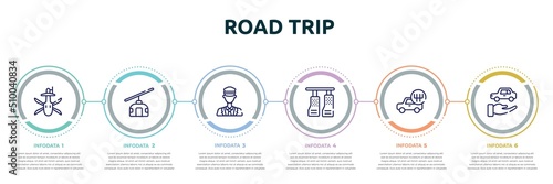 road trip concept infographic design template. included military helicopter bottom view, null, ticket collector, car pedals, shift, rental car icons and 6 option or steps.